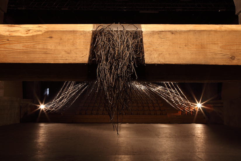 Traino (remolque), alambre de acero y madera (550cmx20cmx20cm), 50mx50m, 2014.