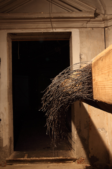 Traino (remolque), alambre de acero y madera (550cmx20cmx20cm), 50mx50m, 2014.