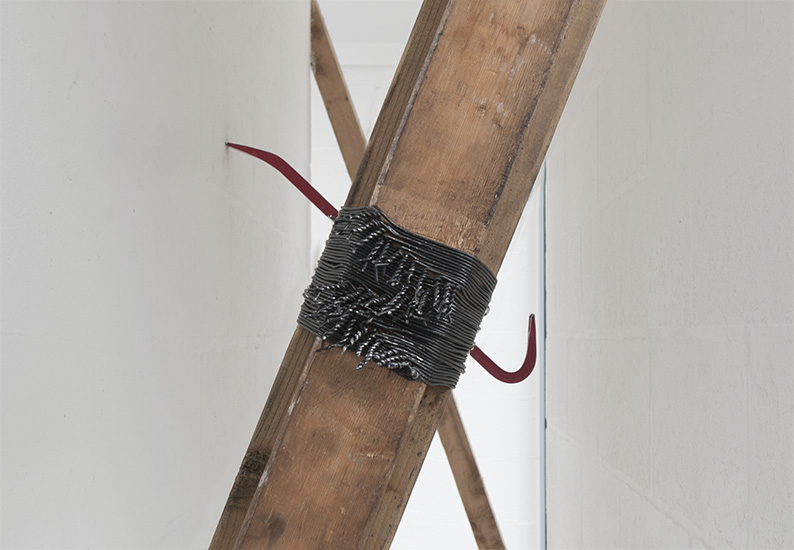 Sealing (Iteration 1) 2016. wrecking bar, metal cables and timber. 2.70m x 3.5m x 0.7m