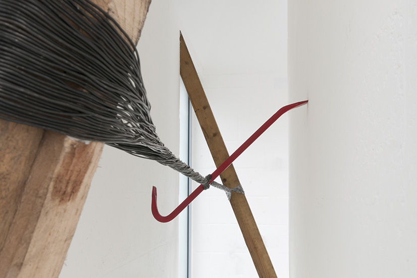 Sealing (Iteration 1) 2016. wrecking bar, metal cables and timber. 2.70m x 3.5m x 0.7m