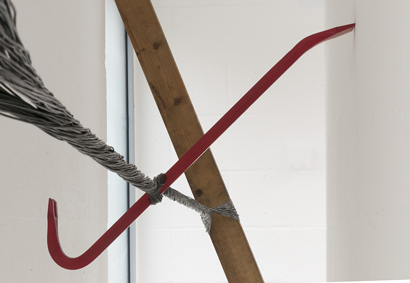 Sealing (Iteration 1) 2016. wrecking bar, metal cables and timber. 2.70m x 3.5m x 0.7m