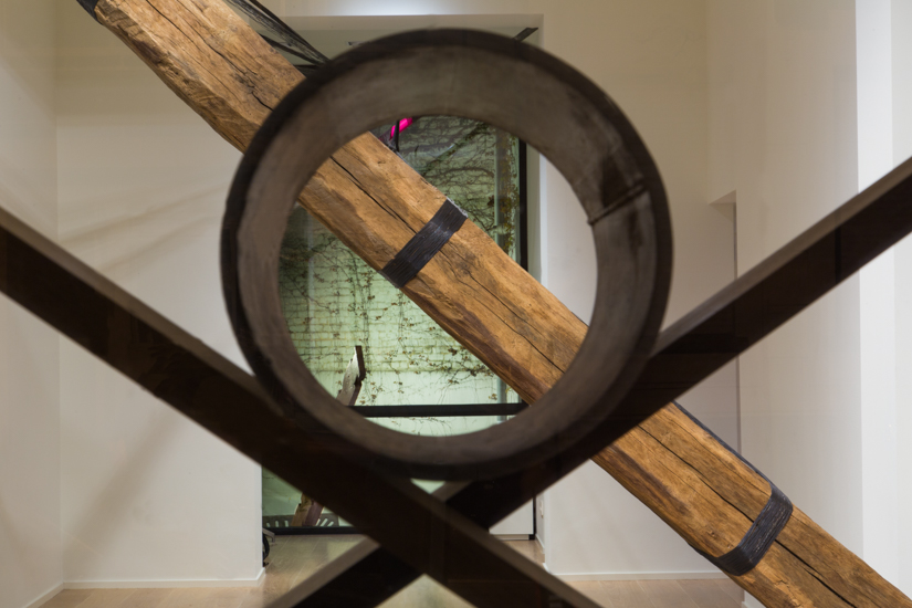 Objective, 2016, wood (wenge, Iroko), metal pipe, 240 x 240 cm