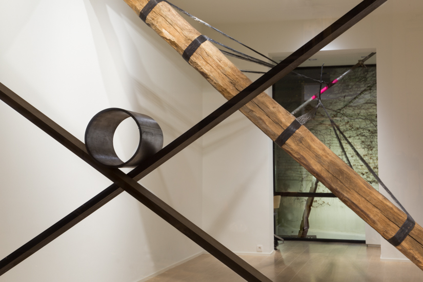 Objective, 2016, wood (wenge, Iroko), metal pipe, 240 x 240 cm