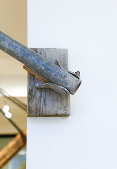 Diagonal, 2016, wood, steel wire, metal bar, scaffolding, 550 x 300 x 100 cm