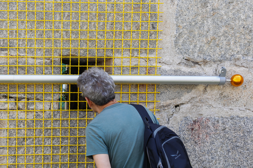 Encage, 2016, flag pole, metal mesh, metal wire, wood, 700 x 100 cm.