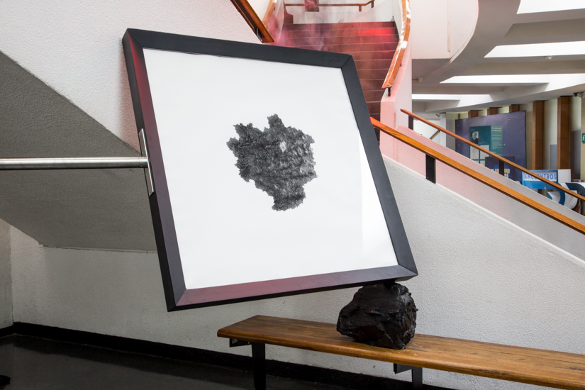 Goodwill moon rock Apollo 17 Colombia, Goodwill moon rock Apollo 17 drawing (graphite on paper), mineral coal, marble and steel 500cm x 200cm x 100cm. Santiago Reyes Villaveces.